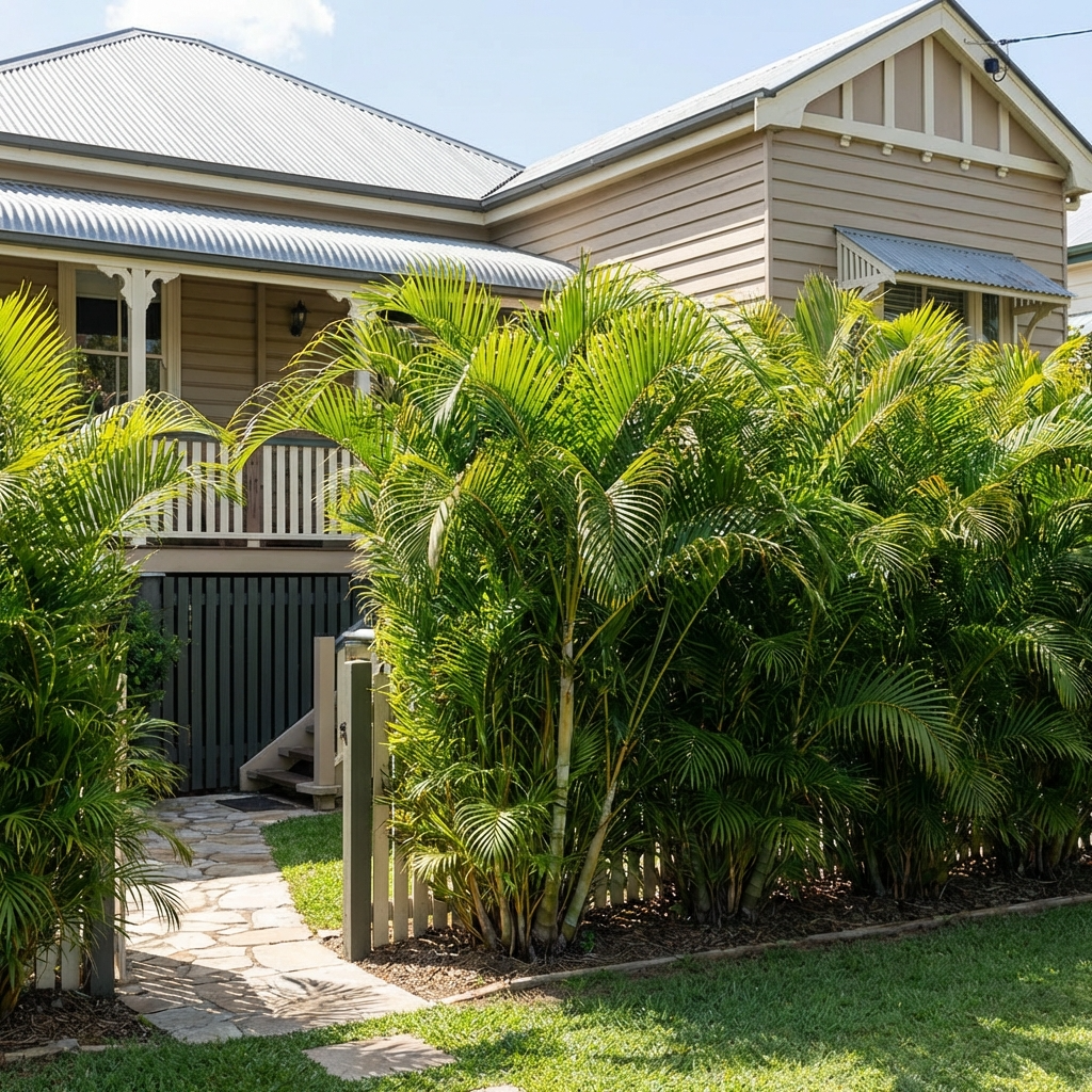 A house with a front porch is partly hidden by tall, dense Golden Cane Palm (Dypsis lutescens), providing a natural privacy screen along the wooden fence.