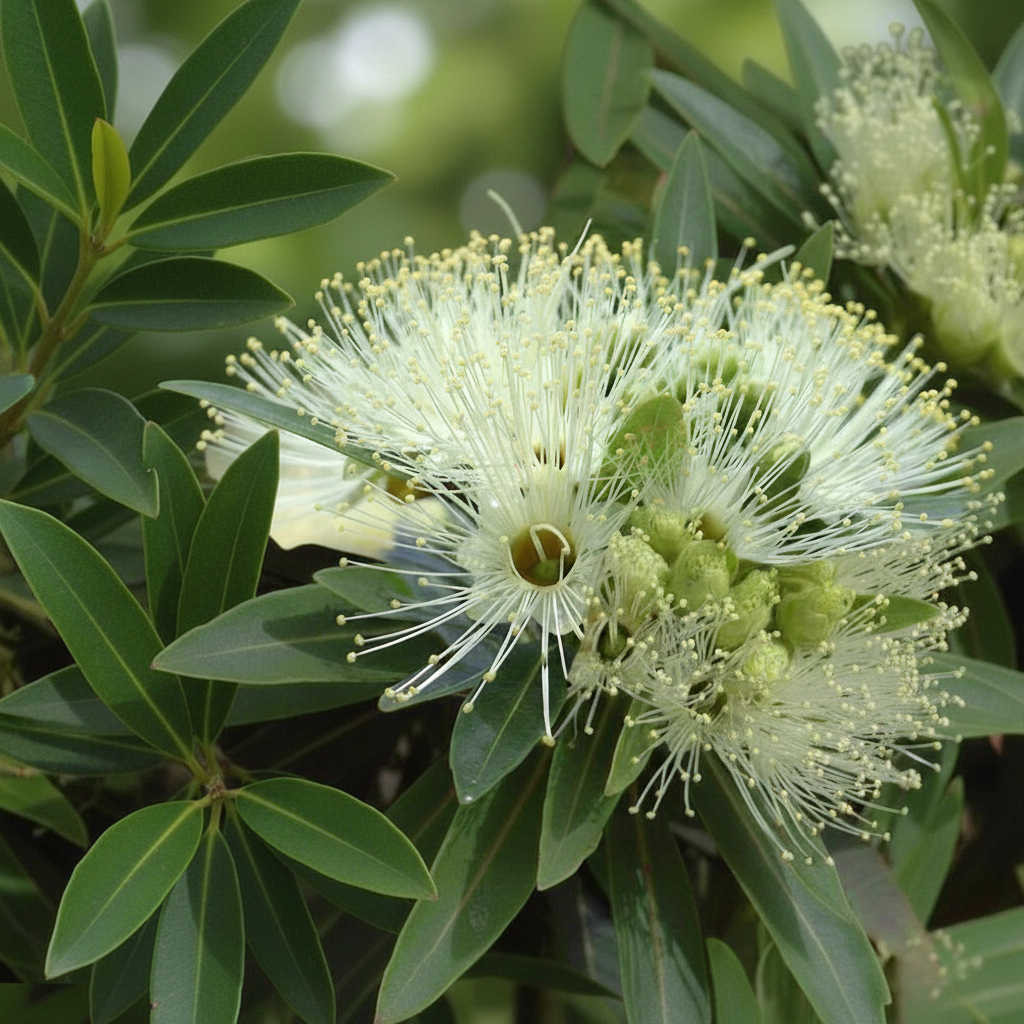 A close-up of a white bottlebrush flower with thin, spiky petals and green leaves, growing near a Golden Penda - Xanthostemon ‘Little Penda’, a compact native tree known for its showy golden-yellow flowers.