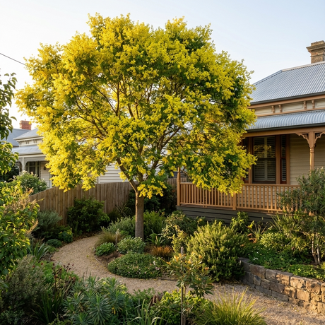A Golden Rain Tree (Koelreuteria paniculata) with bright yellow flowers blooms in a garden next to a house with a porch surrounded by lush greenery.