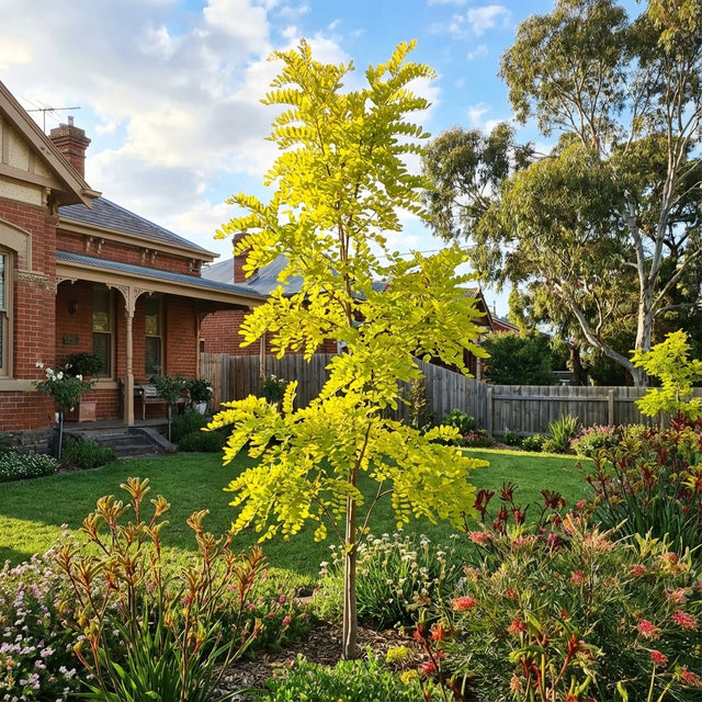 The Golden Robinia - Robinia pseudoacacia ‘Frisia’ creates a stunning focal point in gardens, its vibrant golden-yellow foliage shining in front of a red-brick house on sunny days.