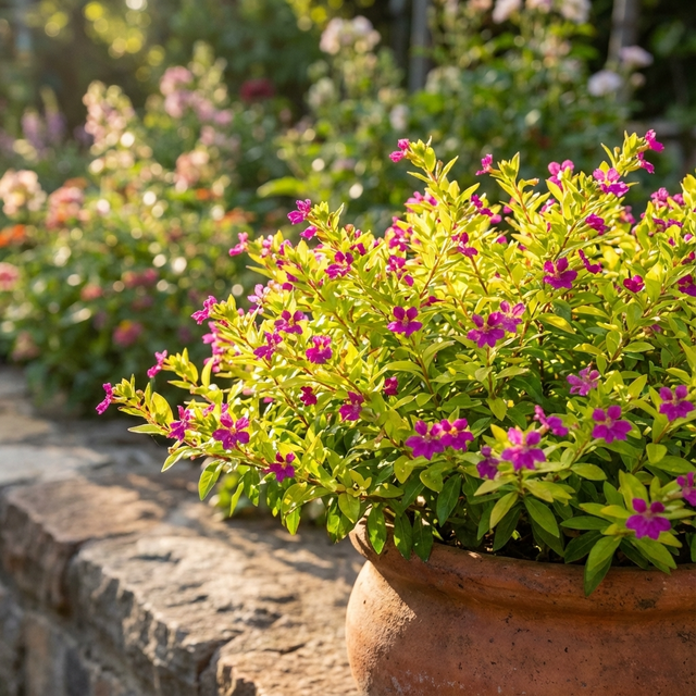 Golden Ruby False Heather (Cuphea hyssopifolia 'Golden Ruby') displays purple flowers in a terracotta pot on a sunny stone patio, accented by its golden foliage and the appeal of low-maintenance gardens.