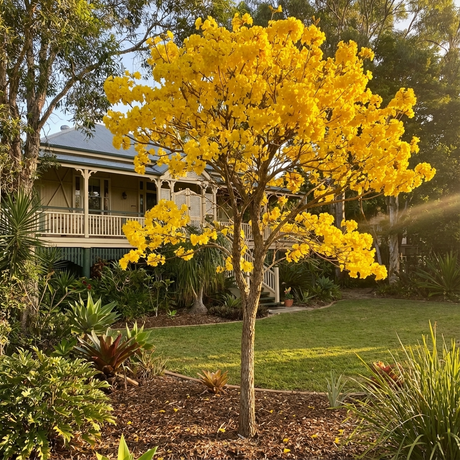 A Golden Trumpet Tree - Tabebuia chrysanthus, with vibrant yellow blooms, stands before a house with a veranda, adding ornamental beauty and charm to the lush green garden.