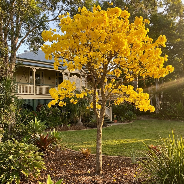 A Golden Trumpet Tree - Tabebuia chrysanthus, with vibrant yellow blooms, stands before a house with a veranda, adding ornamental beauty and charm to the lush green garden.