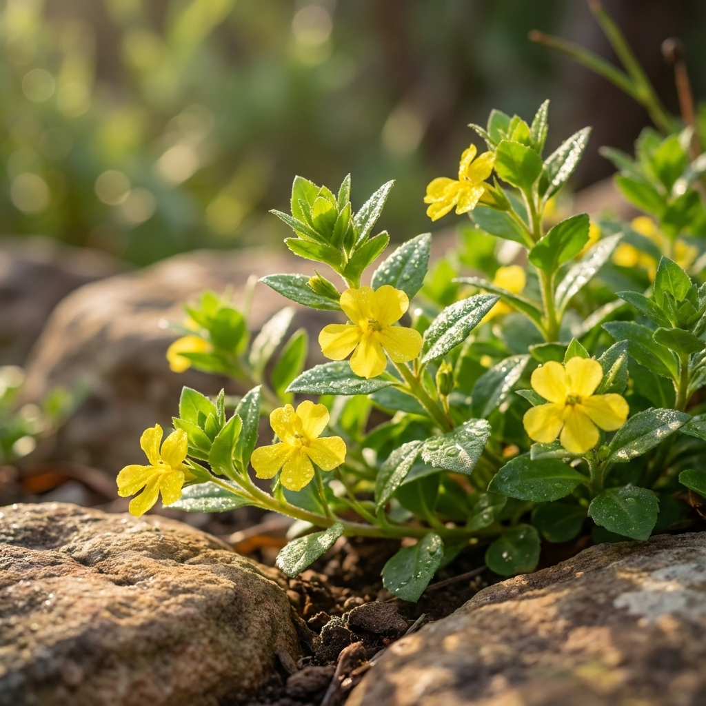 Goodenia Gold Cover - Goodenia ovata ‘Gold Cover’ is a native ground cover with yellow wildflowers, golden foliage, and green leaves. It thrives among rocks in sunlight and morning dew, adding vibrant beauty to the landscape.