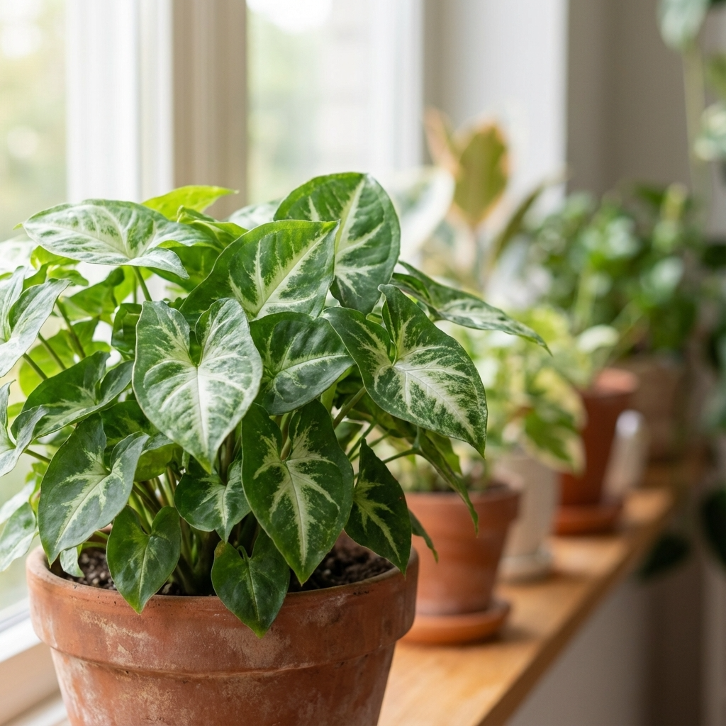 A Goosefoot Plant - Syngonium ‘Green Pixie’, known for its air-purifying qualities and green-and-white leaves, sits on a windowsill alongside other indoor plants.