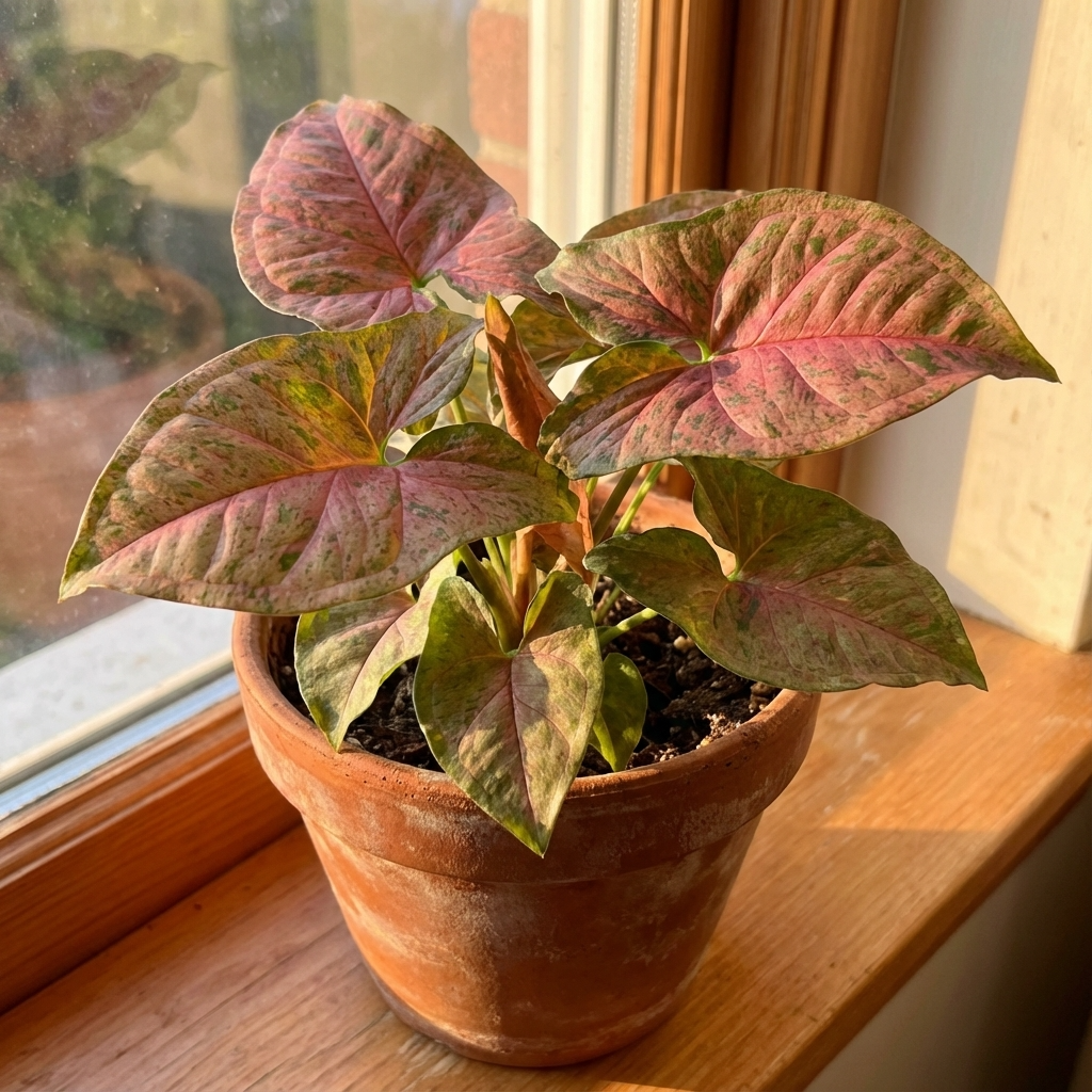 A Goosefoot Plant - Syngonium ‘Maria’ with pink and green leaves sits in a terra cotta pot on a sunny windowsill.