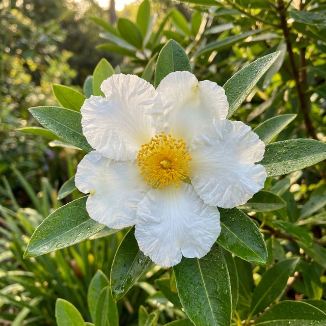 White flower with ruffled petals and yellow center, surrounded by green leaves, in sunlight—this is the fried egg plant (Gordonia axillaris), an evergreen tree noted for its camellia-like blooms.