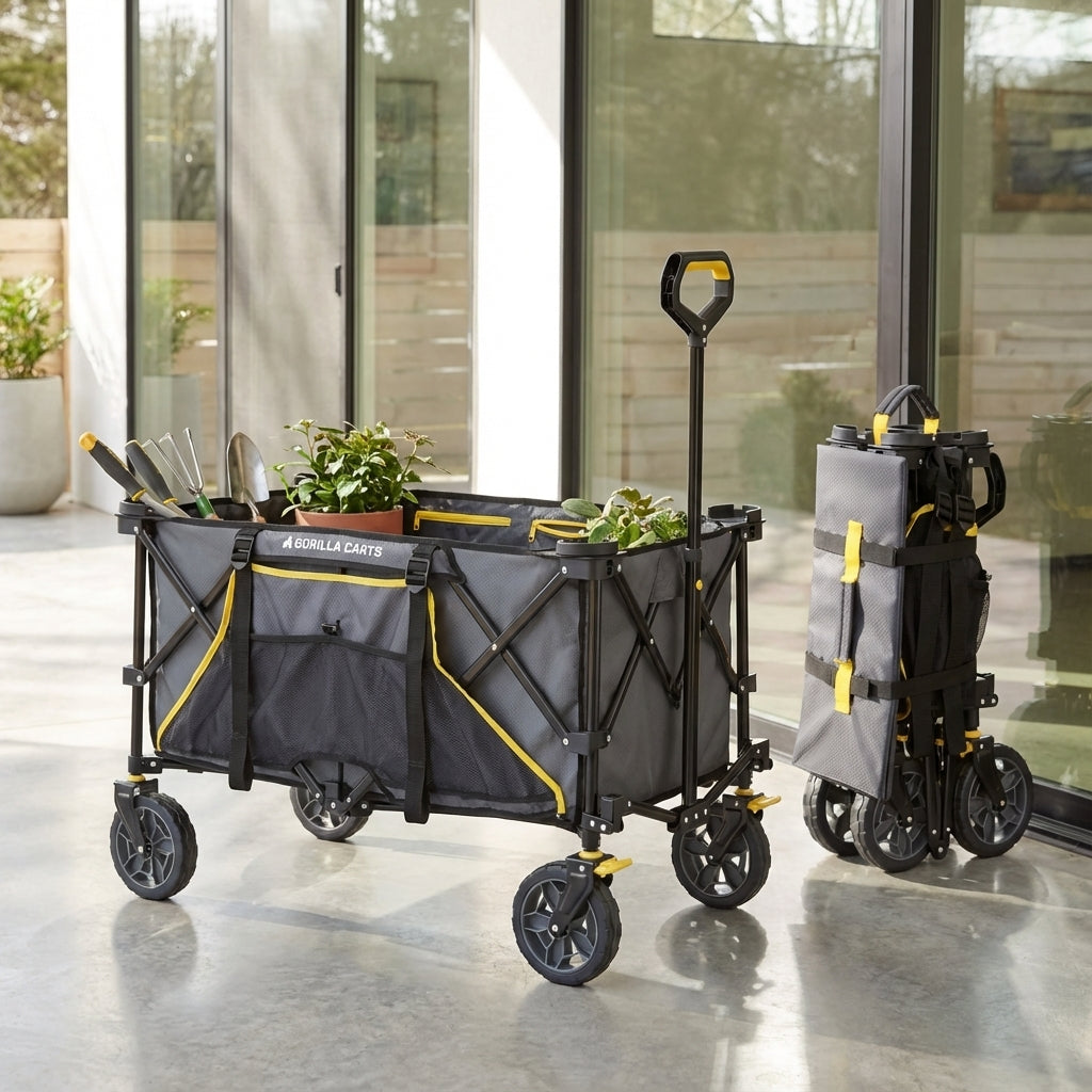 Gorilla Carts Folding Sports Wagon - 180 Litres, in gray and yellow, holds plants and tools beside a folded cart on a patio.