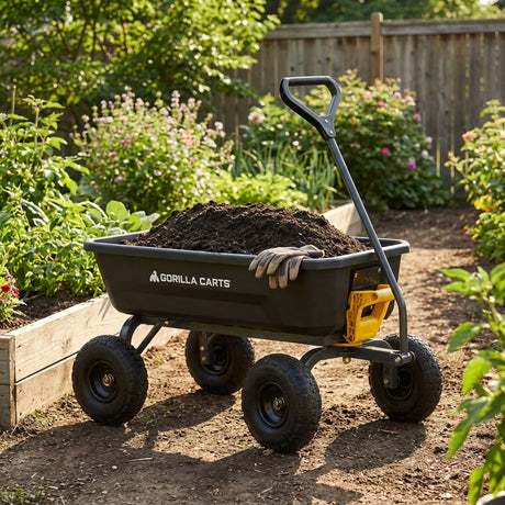 A Gorilla Carts Poly Dump Cart - 115L filled with soil and gloves sits on a path between raised garden beds in a sunny backyard.