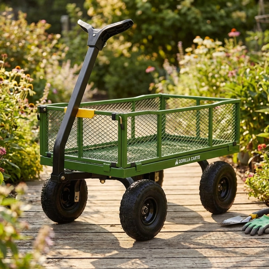The Gorilla Carts Steel Mesh Cart - 115 Litres, with a black handle, sits on a wooden path amid plants and flowers—a sturdy, heavy-duty utility cart ideal for any garden.