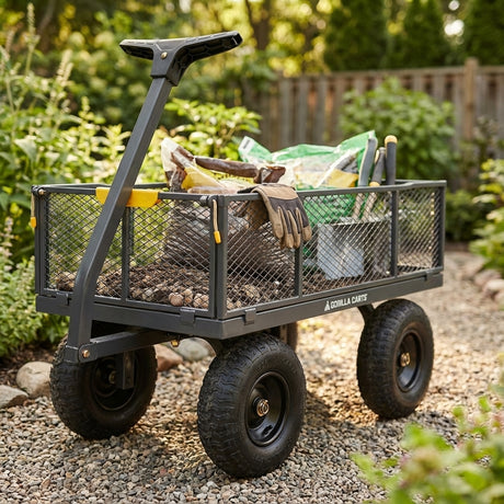 A Gorilla Carts Steel Mesh Cart - 170 Litres, loaded with rocks, gardening tools, gloves, and soil bags, rests on a gravel path in the garden.
