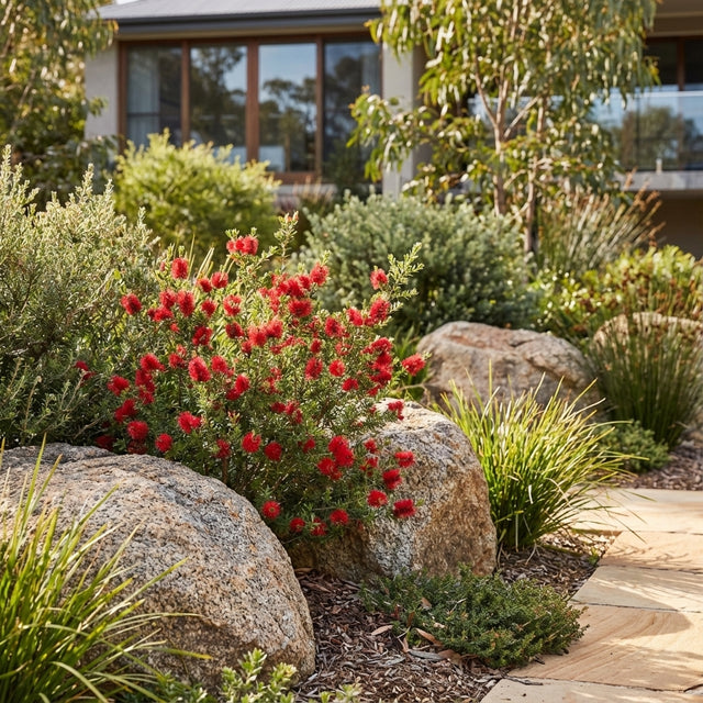 Landscaped garden with red bottlebrush flowers, drought-tolerant Granite Kunzea (Kunzea pulchella), rocks, lush green shrubs, and a modern house in the background.