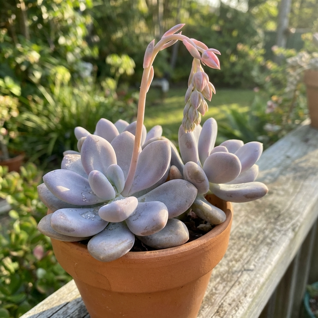 The Graptopetalum ‘Lavender Pebbles’ succulent, with pastel leaves and a tall pink flower stem, sits outdoors on a wooden railing in sunlight, offering eye-catching color and low-maintenance care.