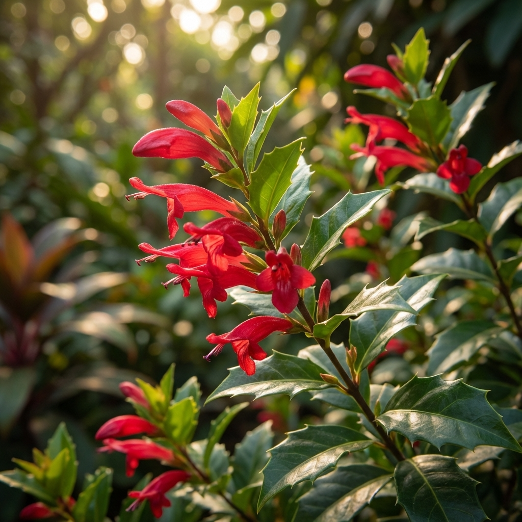 Graptophyllum 'Holly Fuchsia' is an evergreen shrub featuring red tubular flowers and pointed green leaves that bloom in sunlight, making it a vibrant addition to any garden.