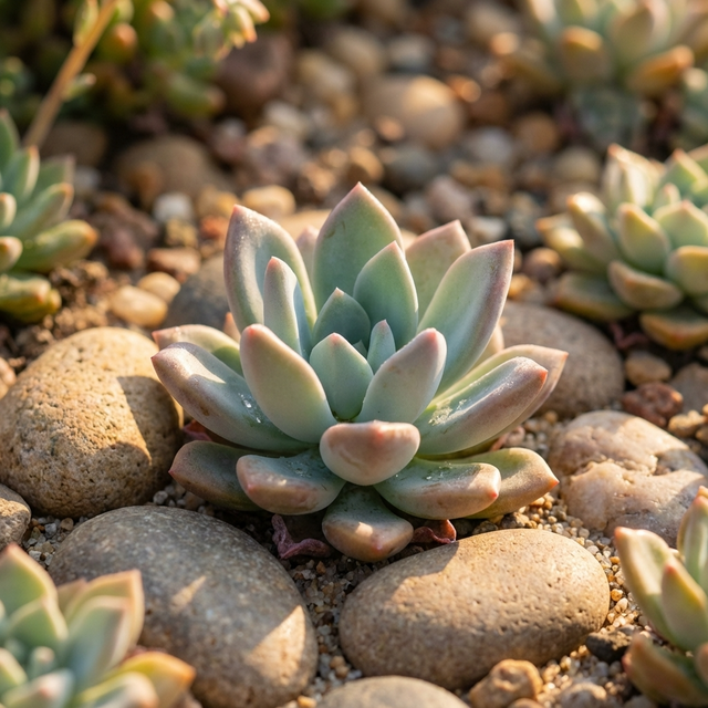 A Graptoveria ‘Opalina’ - Succulent, with pastel hues, rests among smooth rocks and pebbles, enjoying the sunlight.