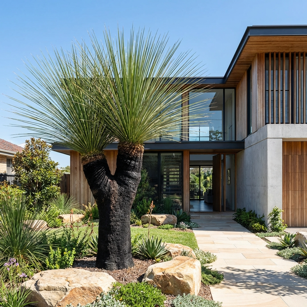 Contemporary home with large windows, tropical landscaping, and a striking Grass Tree - Xanthorrhoea glauca, an iconic Australian native plant, featured in the front yard.