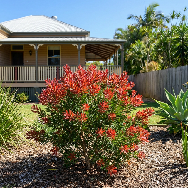 A Great Balls of Fire Bottlebrush - Callistemon salignus 'Great Balls of Fire', an Australian native with striking red blooms, grows in a garden before a wooden house with a porch.