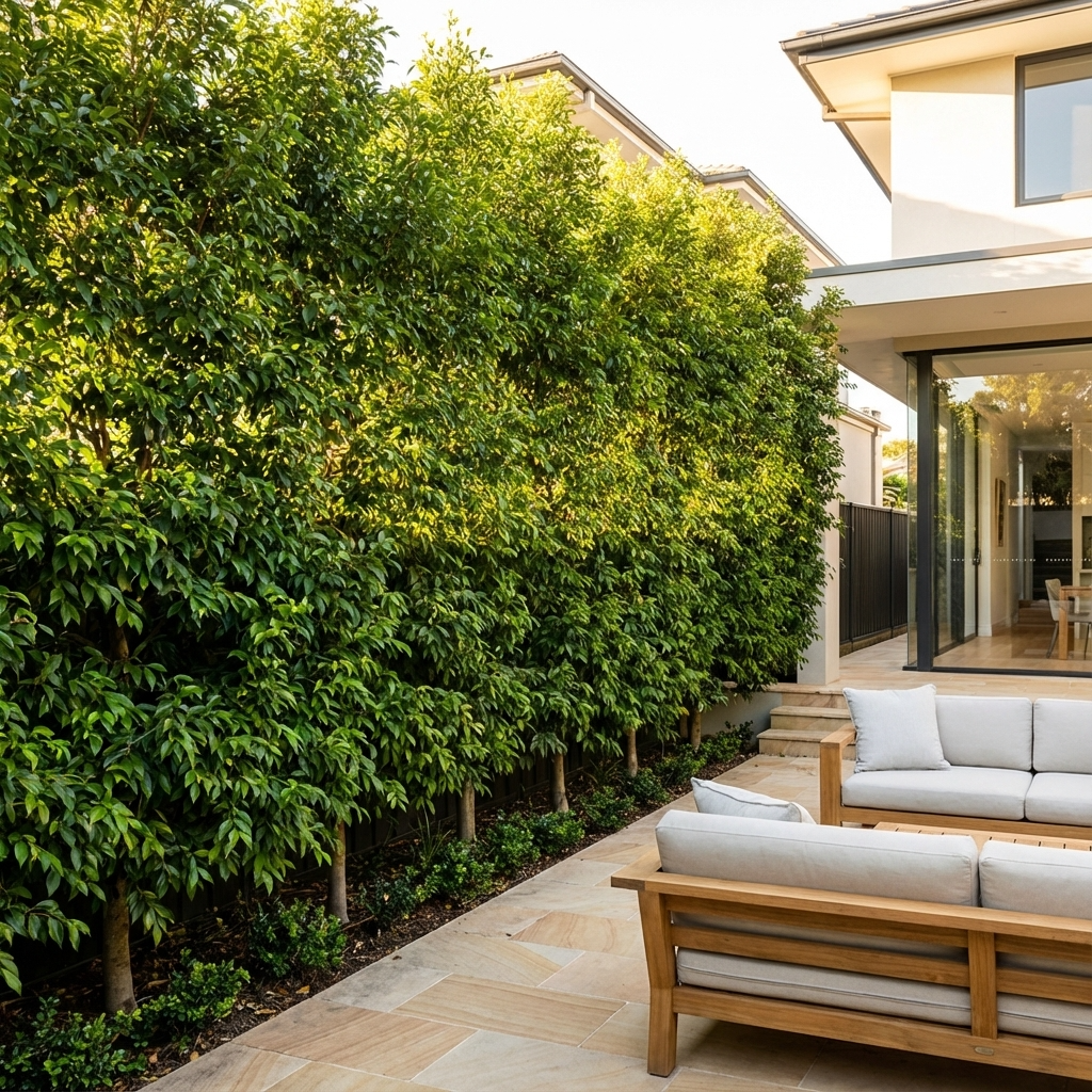 Modern patio with wooden outdoor furniture and a tall hedge of Green Avenue Weeping Lilly Pilly (Waterhousea floribunda ‘Green Avenue’), offering lush evergreen foliage and natural privacy beside a light-colored house.