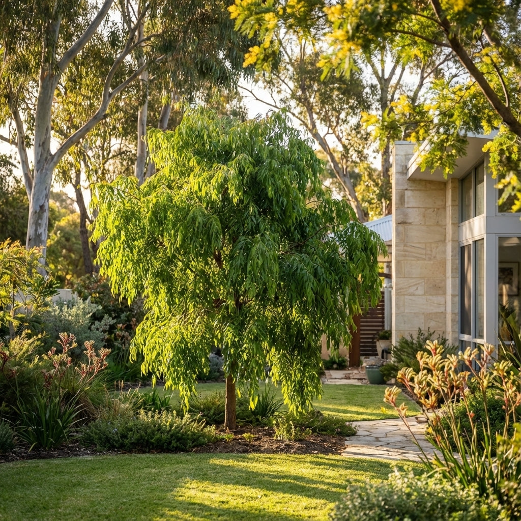 A Green Avenue Weeping Lilly Pilly (Waterhousea floribunda ‘Green Avenue’) thrives in a sunny, landscaped garden beside a modern house, providing dense evergreen foliage and natural privacy screening.