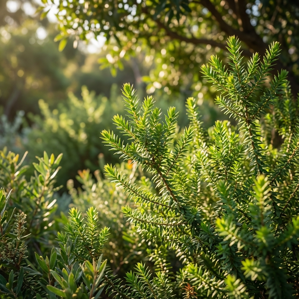 Green Honey Myrtle - Melaleuca diosmifolia, an Australian native shrub with lime-green bottlebrush flowers, thrives among green plants and shrubs in a sunlit, lush garden setting.