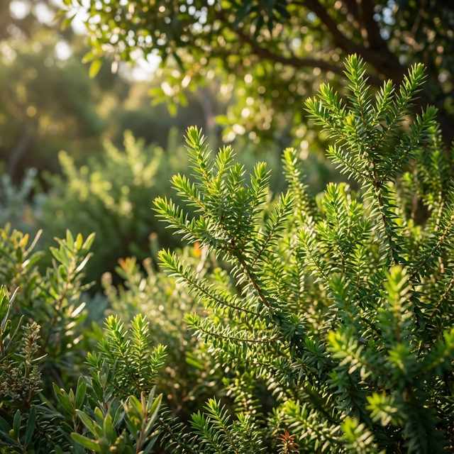 Green Honey Myrtle - Melaleuca diosmifolia, an Australian native shrub with lime-green bottlebrush flowers, thrives among green plants and shrubs in a sunlit, lush garden setting.
