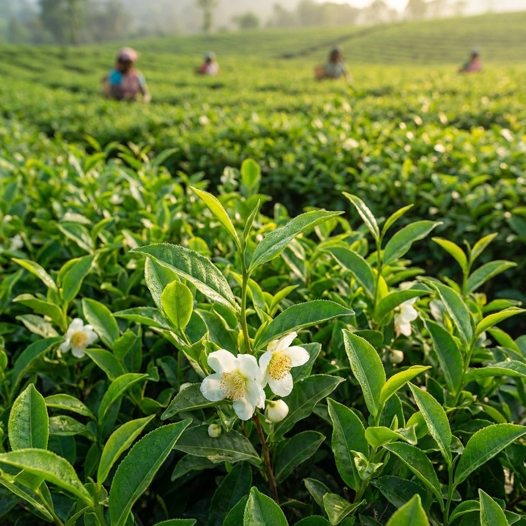 Close-up of white flowers on Green Tea Plant - Camellia sinensis in a field, with blurred workers harvesting tea leaves in the background.