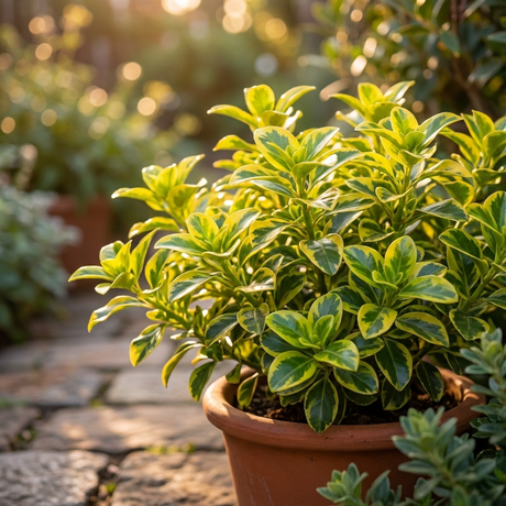 Green and Gold Coprosma - Coprosma 'Green and Gold', a striking variegated shrub, sits in a terracotta pot on a stone path in a lush garden.
