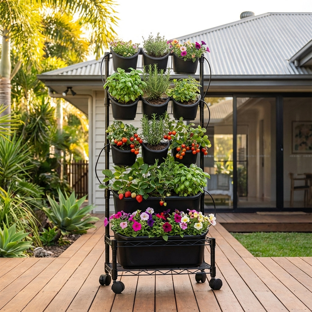 The GreenWall Mobile Garden Kit - 1160mm x 450mm displays potted herbs, flowers, and vegetables on a wheeled rack, ideal for wooden patios.