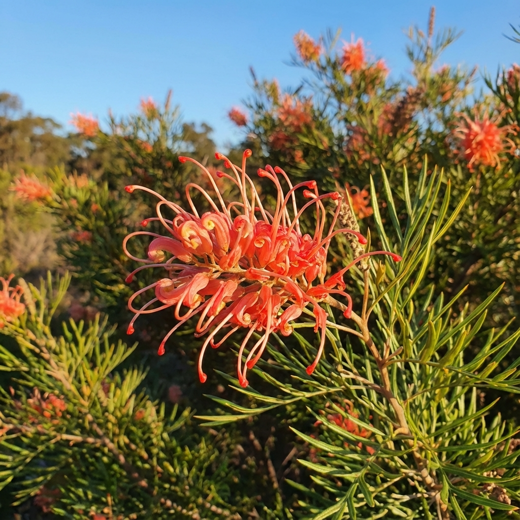 The Grevillea ‘Coral Shore’ features bright orange, spiky flowers amid lush green foliage—a vibrant, low-maintenance shrub ideal for use as a coastal groundcover in sunny outdoor spaces.