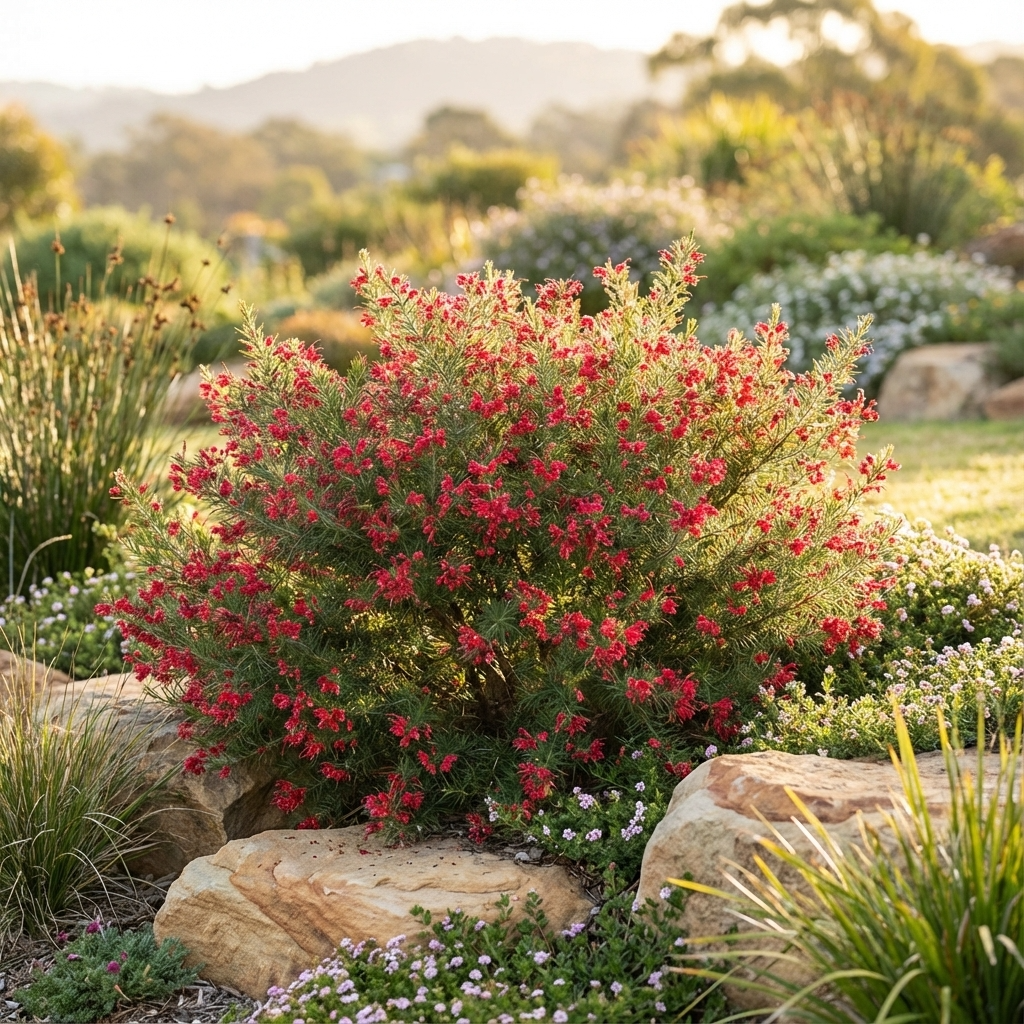 Grevillea ‘Crimson Villea’ is a cold-tolerant hybrid with small red flowers, thriving among rocks in sunlit gardens with distant hills.