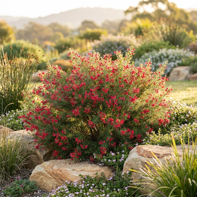 Grevillea ‘Crimson Villea’ is a cold-tolerant hybrid with small red flowers, thriving among rocks in sunlit gardens with distant hills.