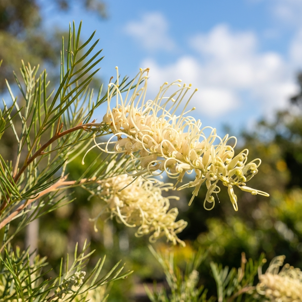 The Grevillea ‘Ivory Whip’ Grafted features long, curved yellow petals and ivory flower spikes, displayed against a blurred outdoor background with blue sky and greenery.