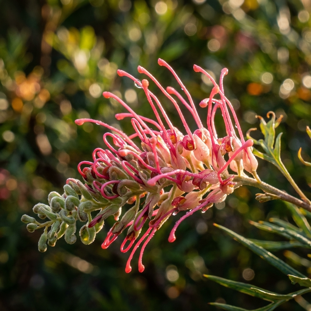 Close-up of Grevillea ‘Lana Maree’ flower, showing its pink spidery petals against a green background; this compact native shrub is valued for drought tolerance.