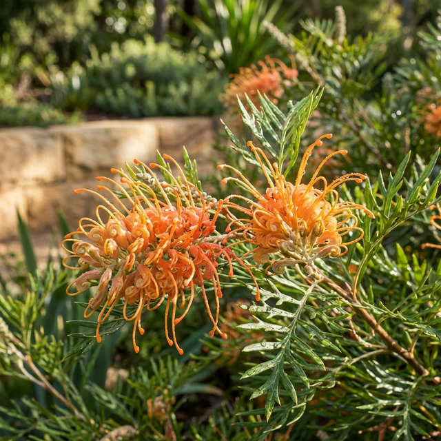 Grevillea ‘Apricot Hots’ showcases vibrant orange, spiky blooms and lush green foliage, making this Australian native shrub a striking, drought-tolerant choice for sunny gardens.
