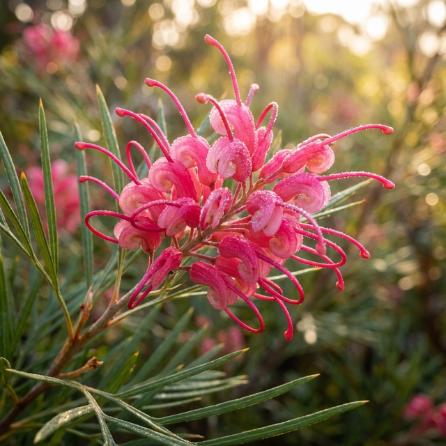 Close-up of Grevillea ‘Bon Accord’, a drought-tolerant native shrub, with dew-kissed flowers and long green leaves in soft sunlight. Grevillea ‘Bon Accord’ brings vibrant color to any garden setting.