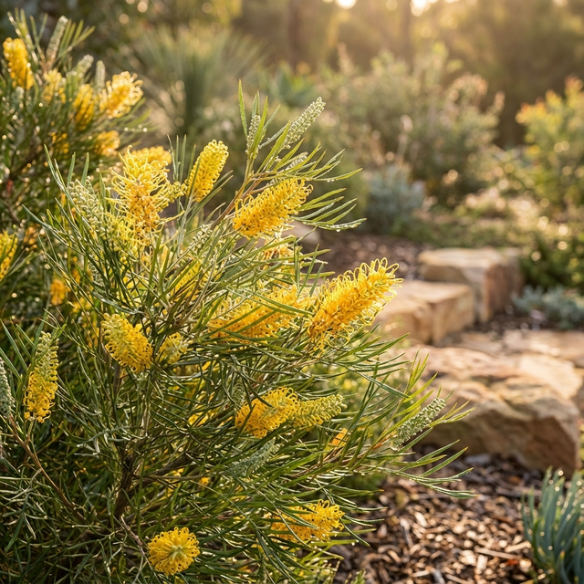 Grevillea ‘Bush Lemons’ Grafted displays lemon-yellow blooms in sunlight near a rock-lined garden path, its flowers brightening surrounding greenery.
