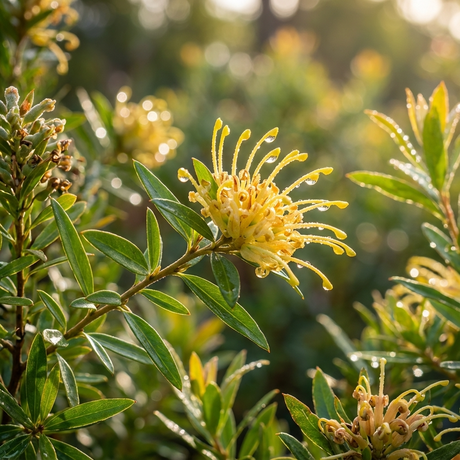 Grevillea ‘Canterbury Gold’ dazzles with golden blooms adorned with dew drops, nestled among green leaves in soft morning light—a beautiful Australian native shrub.