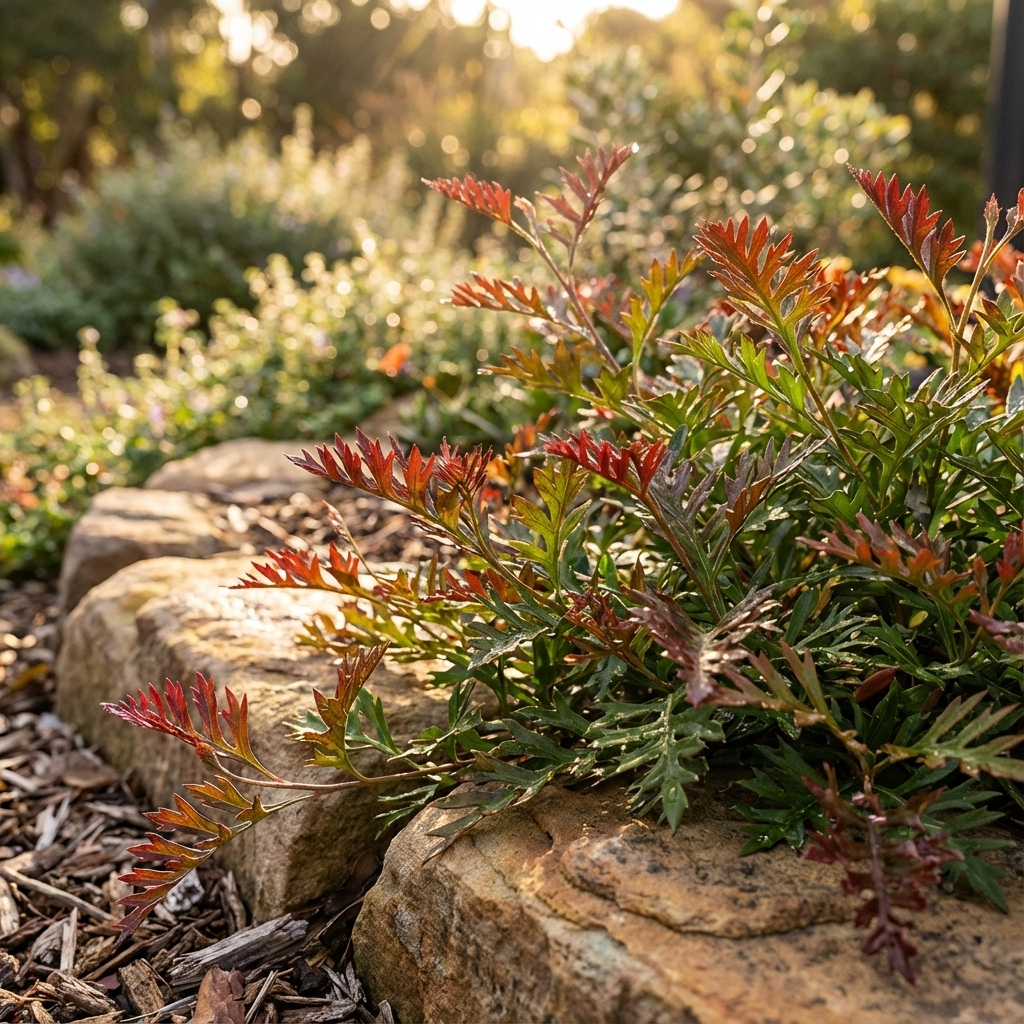 Grevillea ‘Carpet Layer’ forms a vibrant, red-tipped ground cover that thrives in sunlit gardens, perfect for erosion control and creating a striking contrast with mulch and lush green backdrops.