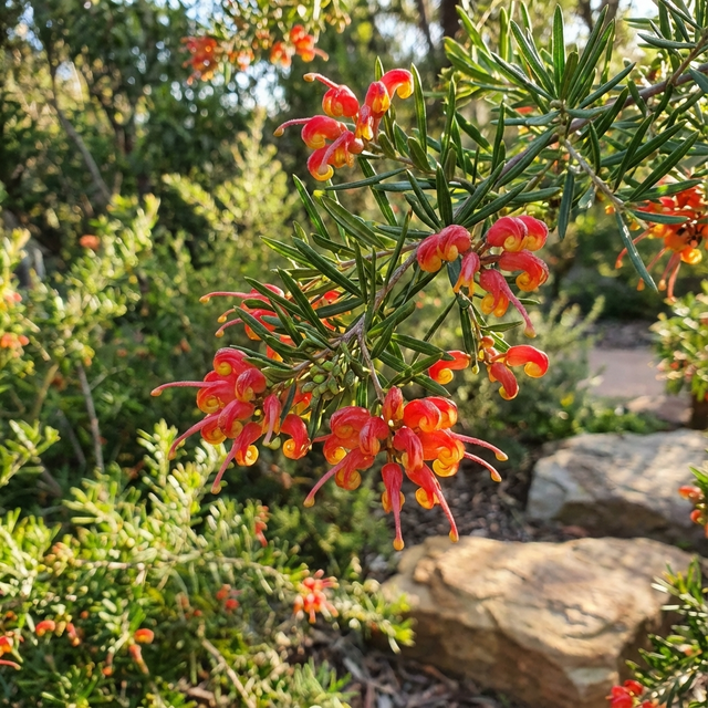A branch of Grevillea ‘Charlie’s Angel’ features clusters of small red and yellow flowers surrounded by green foliage and pink cream blooms, set among rocks in sunlight.