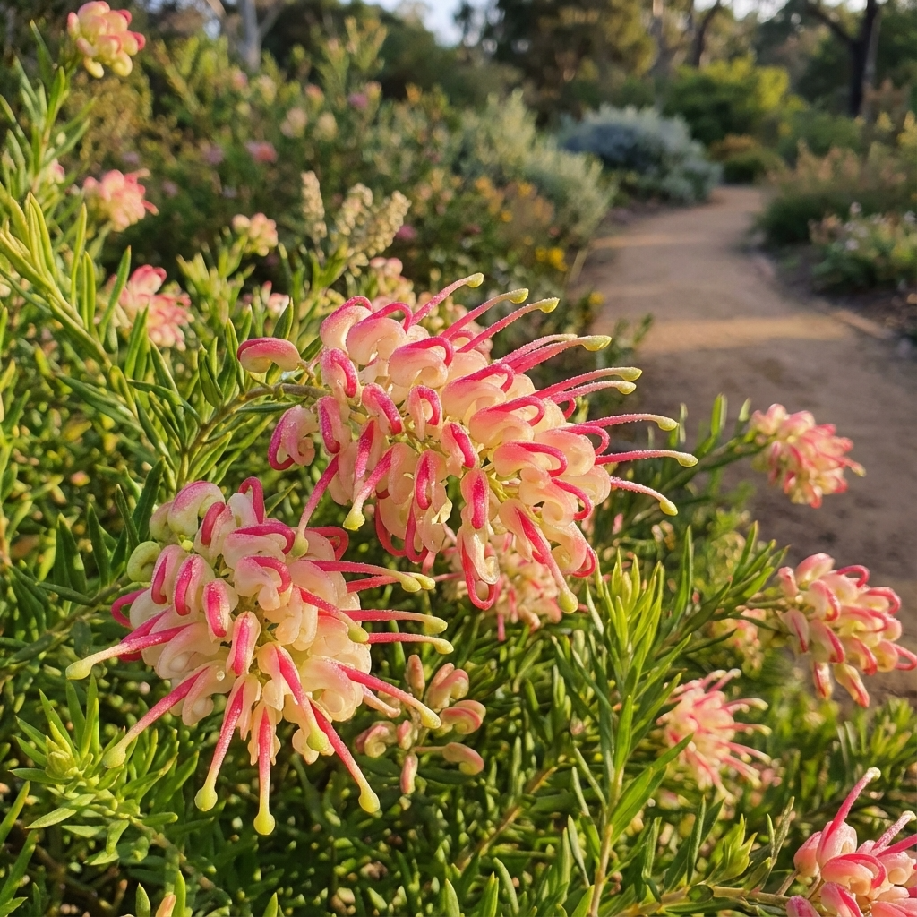 Grevillea ‘Hills Jubilee’ displays pink and cream blooms beside a sunlit path, its compact form adding a wildlife-friendly touch to lush green gardens.