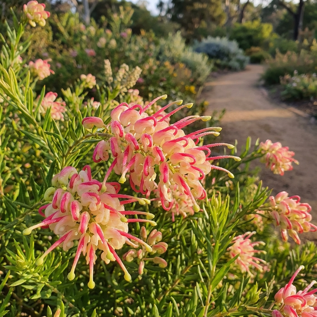 Grevillea ‘Hills Jubilee’ displays pink and cream blooms beside a sunlit path, its compact form adding a wildlife-friendly touch to lush green gardens.