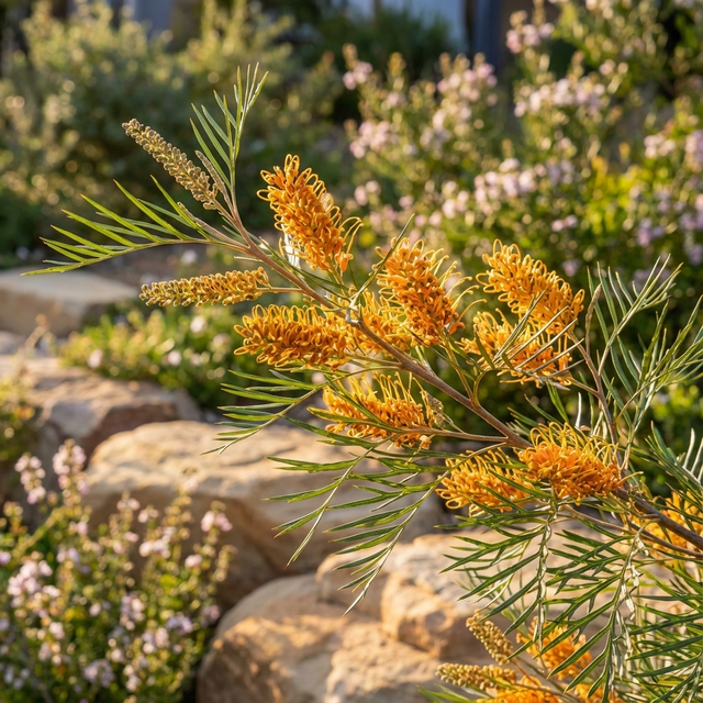 Grevillea ‘Honey Gem’ features golden-yellow flowers and slender green leaves, attracting birds and standing out against softly blurred rocks and background plants.