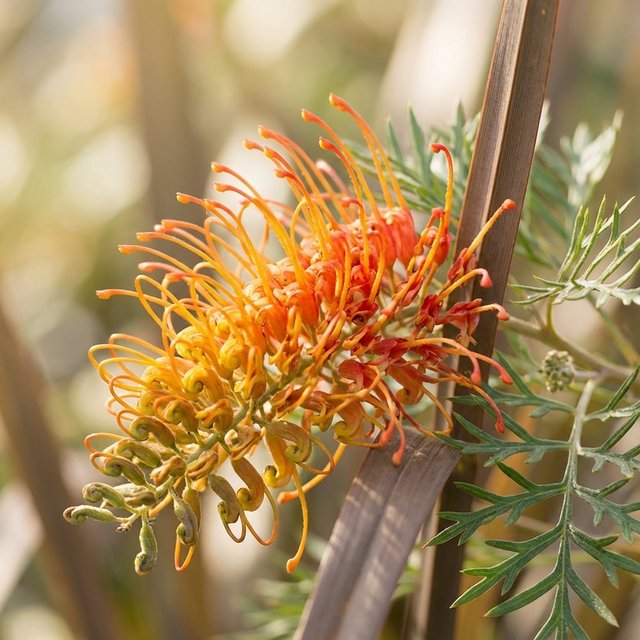 A close-up of the Orange Wow Grevillea (Grevillea 'Orange Wow'), a striking orange-flowering shrub with green leaves and sunlight—an ideal bird-attracting plant.