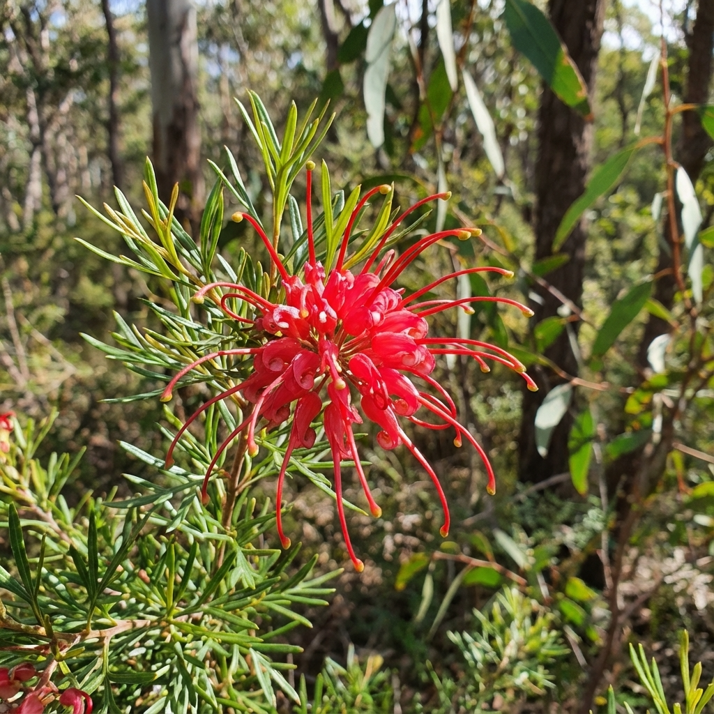 The Red Wings Grevillea (Grevillea thelemanniana 'Red Wings') features spiky red spider flowers and thrives in sunny bushland, highlighting this drought-tolerant shrub’s striking beauty.