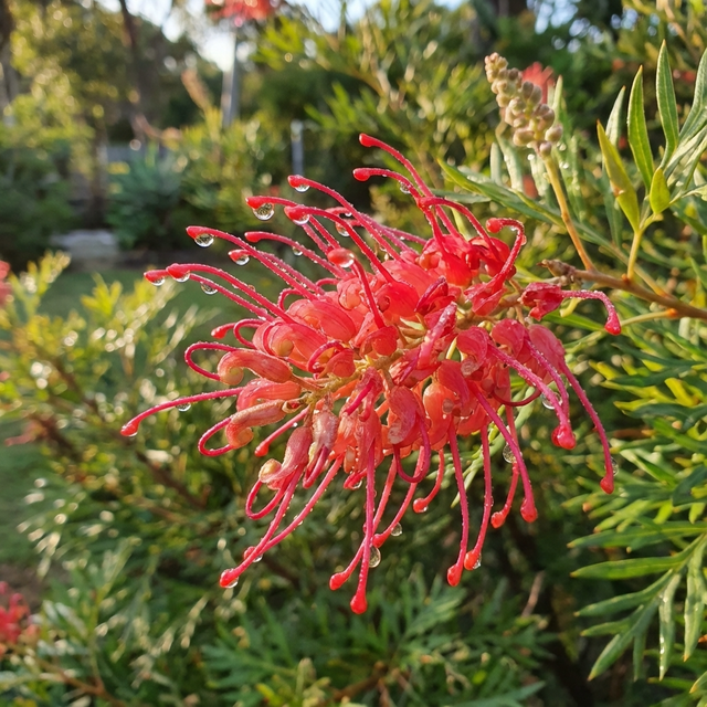 Close-up of a vibrant red Robyn Gordon Grevillea (Grevillea bipinnatifida x banksii 'Robyn Gordon') flower with water droplets, surrounded by green foliage in sunlight—a bird-attracting flowering shrub.