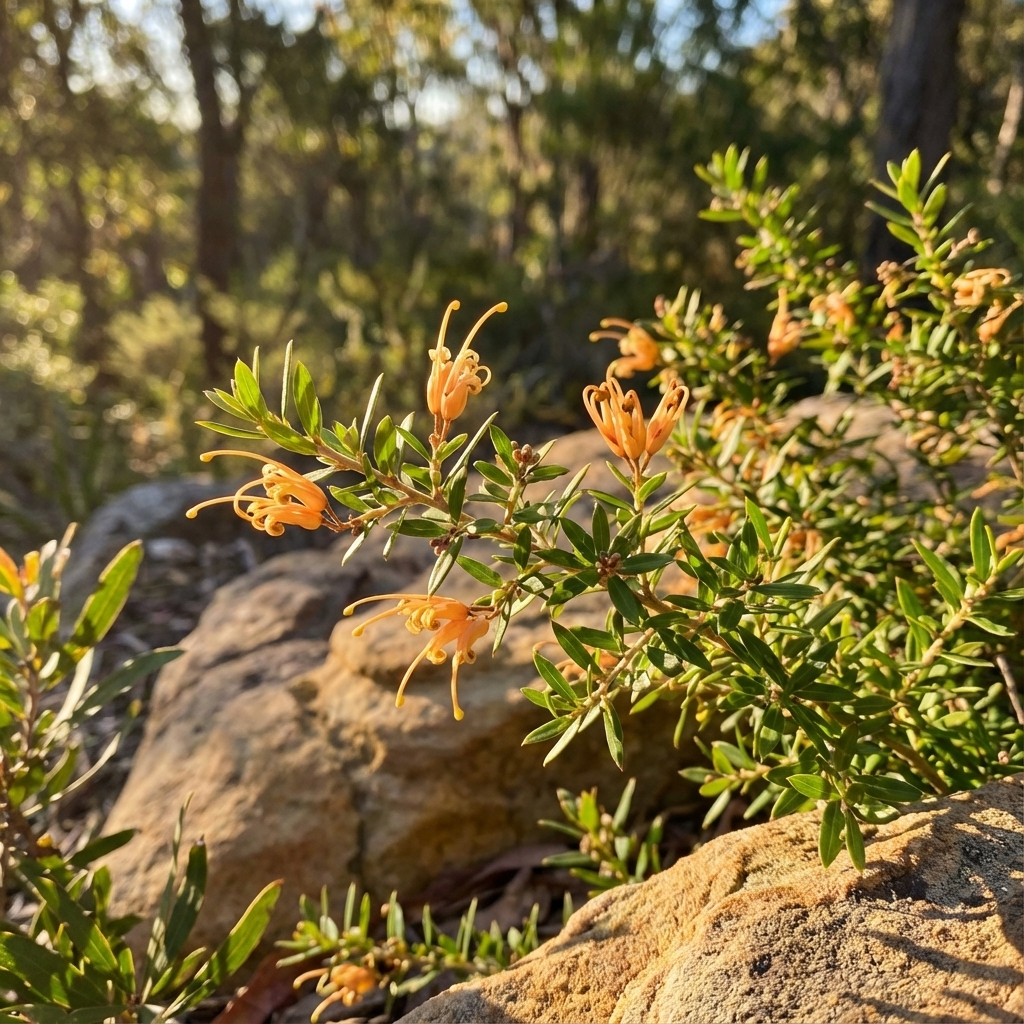 Sunkissed Grevillea - Grevillea juniperina x rhyolitica 'Sunkissed' is a drought-tolerant shrub with yellow wildflowers that bloom on vibrant green foliage, brightening rocky, sunlit forest landscapes.