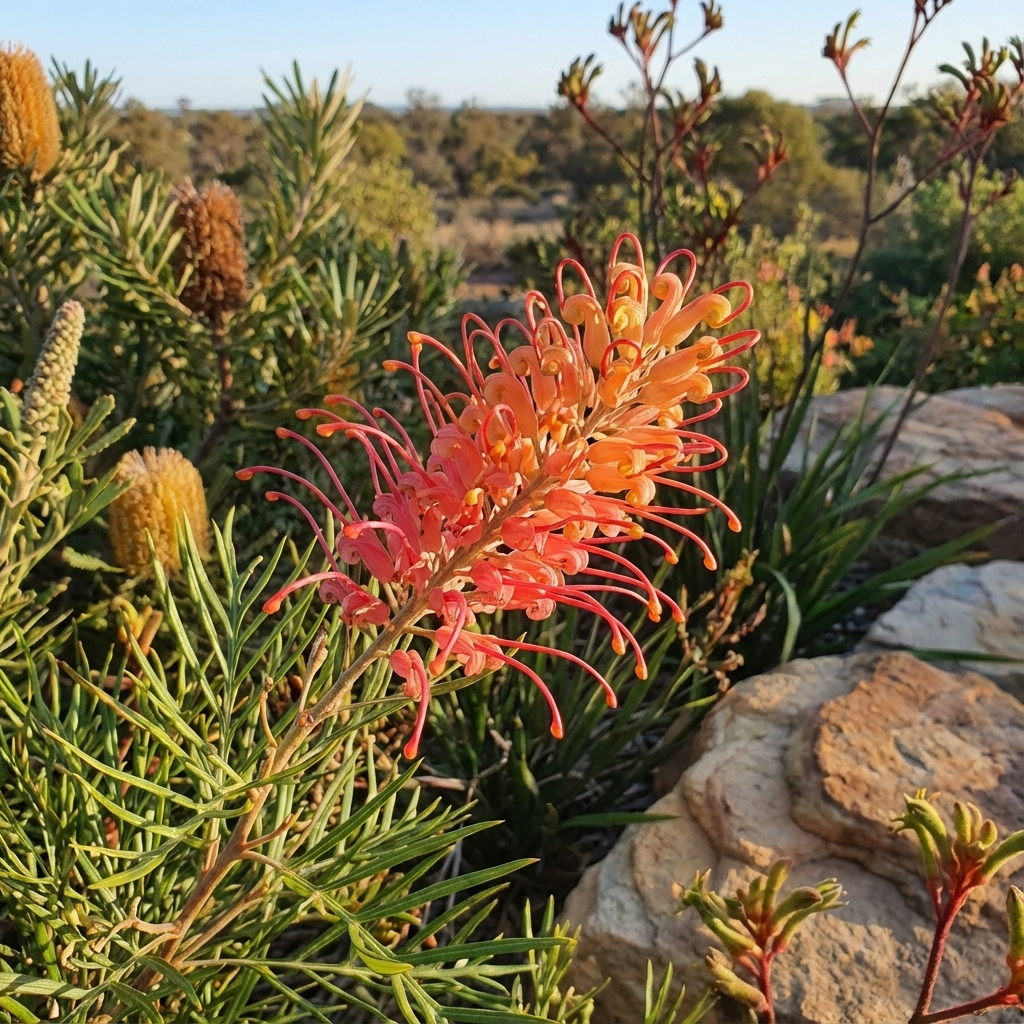 A Superb Grevillea (Grevillea bipinnatifida x banksii Alba 'Superb') with orange and pink blooms stands out among green leaves and rocks in sunlight, highlighting this bird-attracting plant’s beauty in a natural setting.