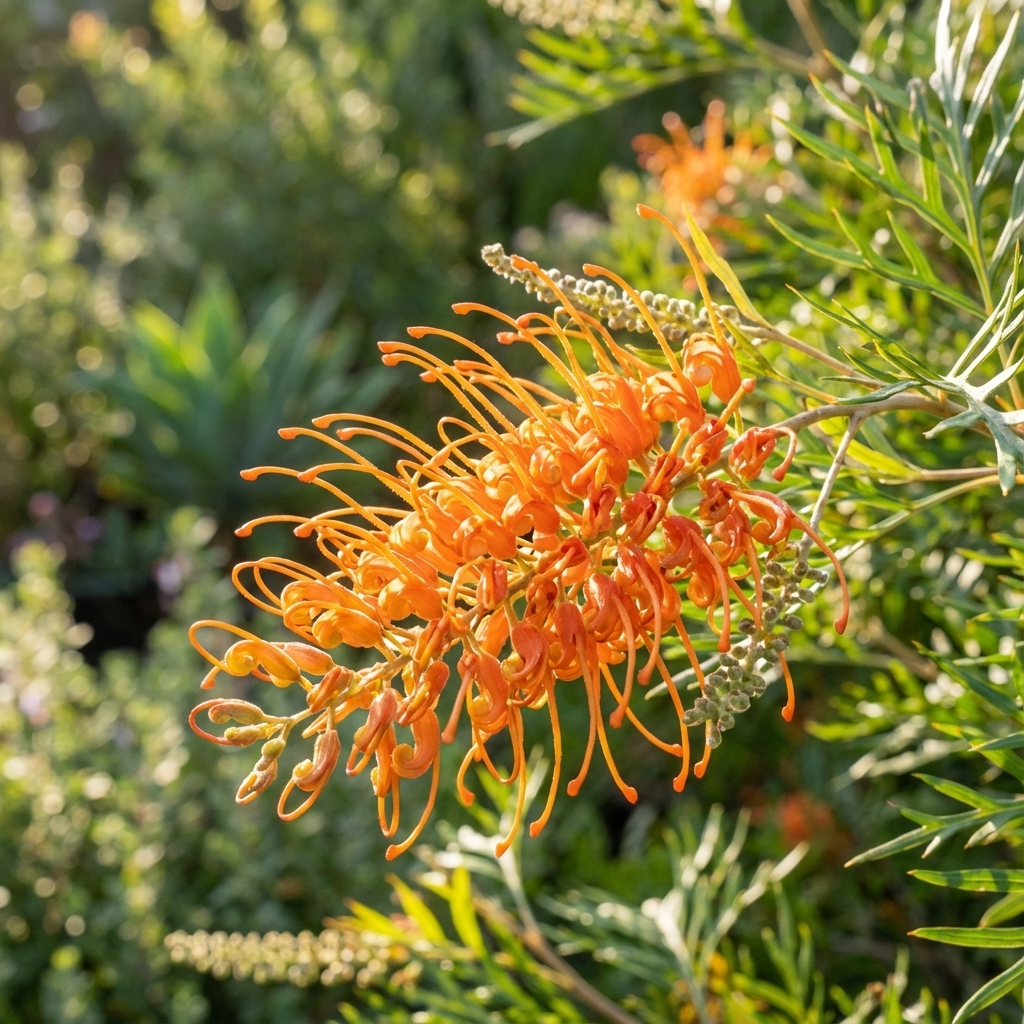 The Tangerine Squeeze Grevillea (Grevillea bipinnatifida x pteridifolia 'Tangerine Squeeze') features vivid orange, spidery blooms and narrow green leaves—a drought-tolerant shrub that attracts birds and thrives in sunlight.