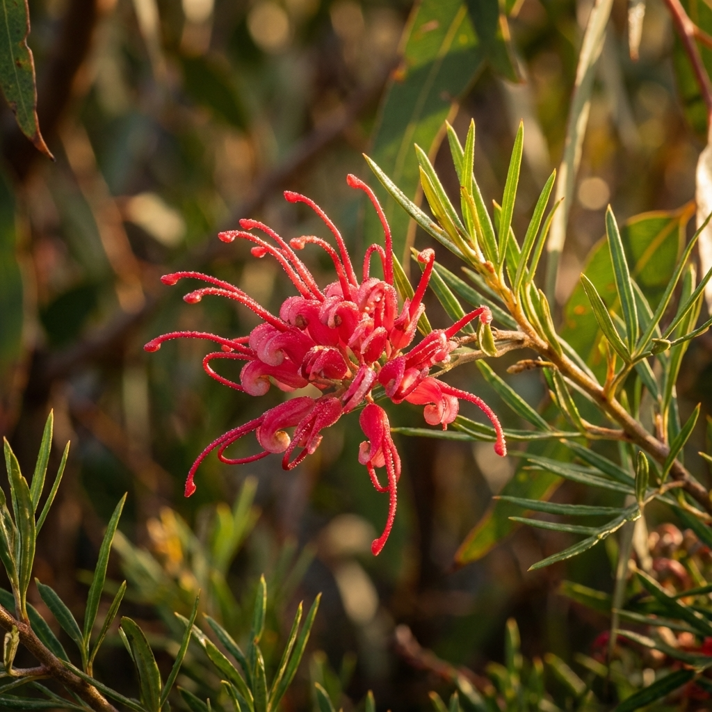 Grevillea ‘Gin Gin Gem’ features bright pink flowers with long, curved petals amid green, needle-like leaves—an excellent groundcover and effective for erosion control.