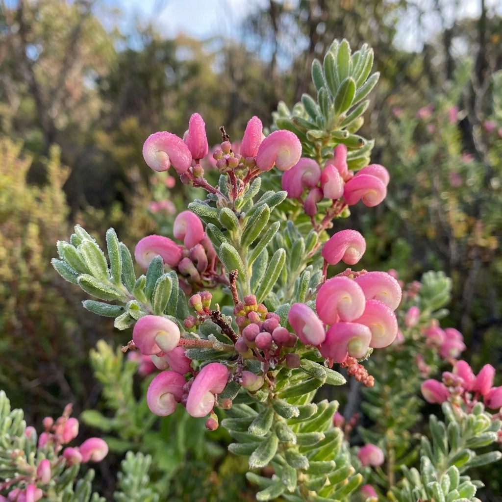 A close-up of Grevillea lanigera ‘Mt Tamboritha’, a tough Australian native with clusters of pink, curled flowers and waxy green leaves.